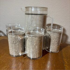 Vintage 1970s Lucite Rattan Pitcher & 4 Mugs Set Tiki Patio Bar Made in Taiwan
